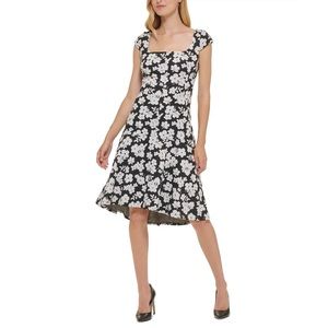 TOMMY HILFIGER Women's Floral-Print Fit Flare Dress KNIT Square neck Black 2 SMA